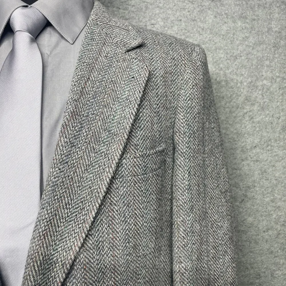 Vintage Rogers Aristocrat 42L Gray Herringbone Tweed Sport Coat Blazer 2 Btn